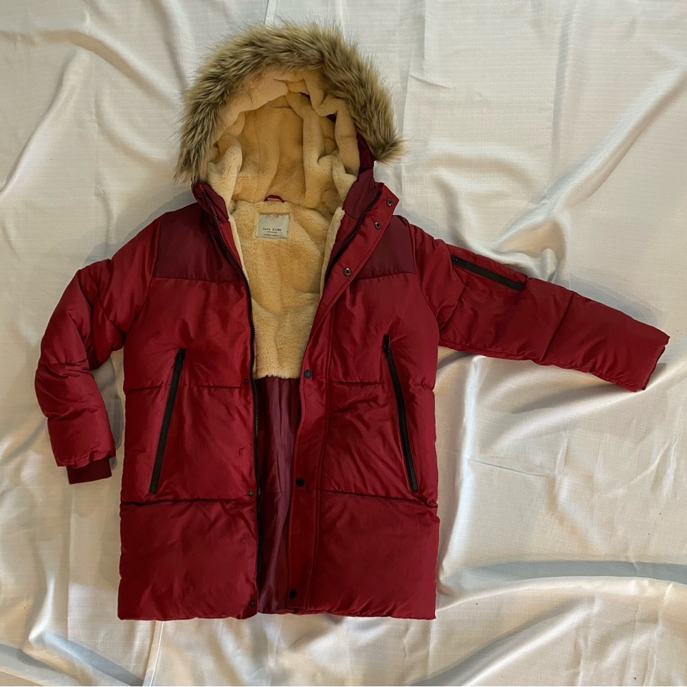 Zara Kid's Red Colorblocked Fleece Lined & Faux Fur Hooded Puffer Coat 11/12